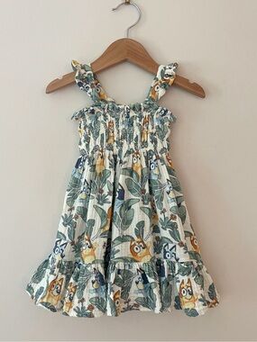 DISNEY BLUEY EUC Smocked Muslin Tropical Bluey & Bingo Flutter Sleeve Dress